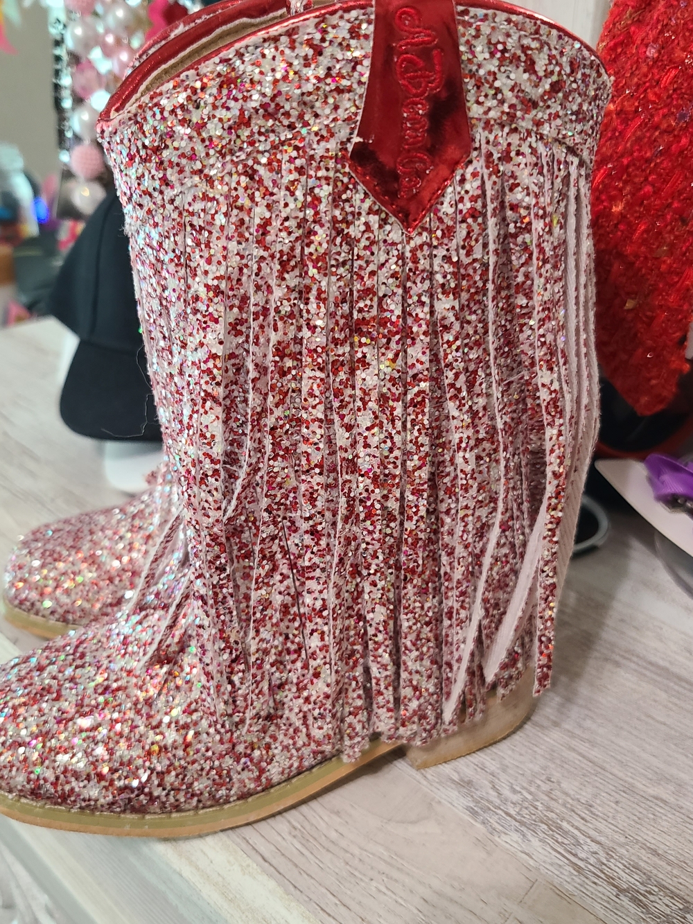 Glitter Fringe Kids Cowboy Boot - Red